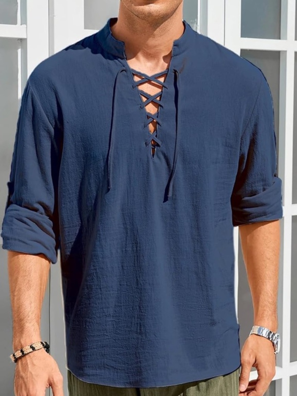 mens renaissance Medieval shirt  Halloween Long Sleeve Navy Blue Medium